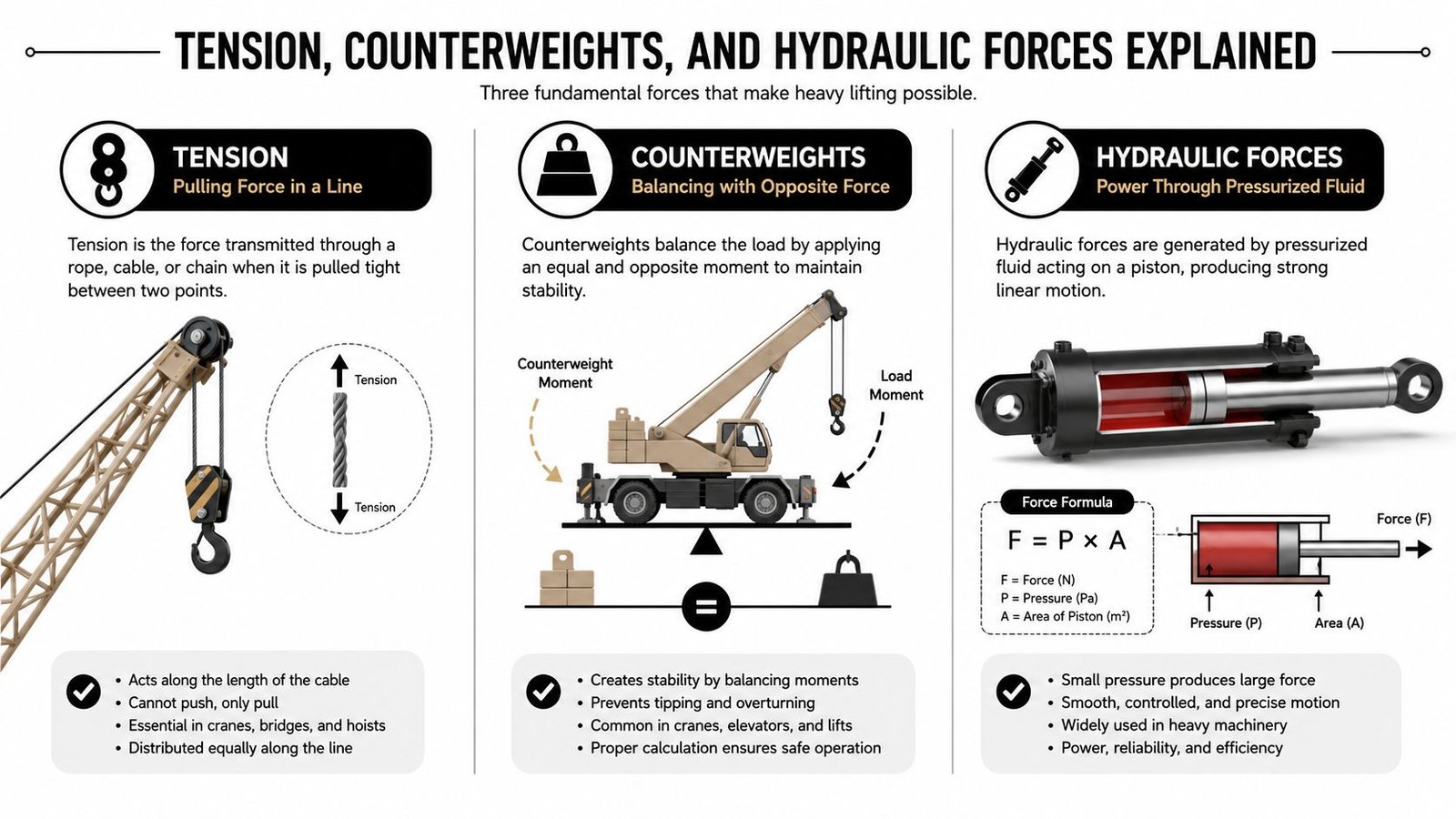 An infographic explaining physics concepts of tension, counterweights, and hydraulic forces used in heavy lifting machinery.