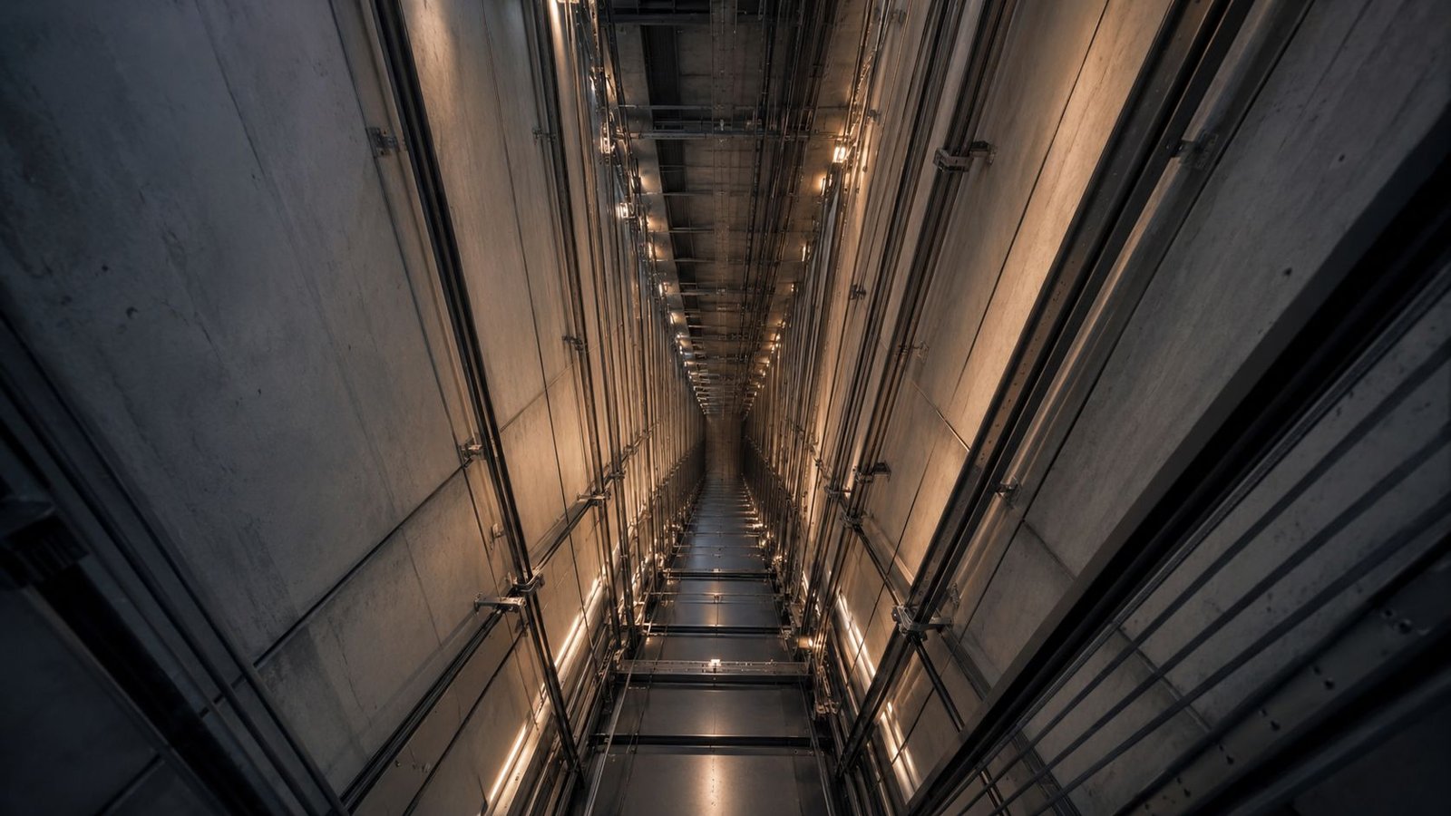 A deep view looking down inside a modern concrete elevator shaft with mechanical infrastructure.