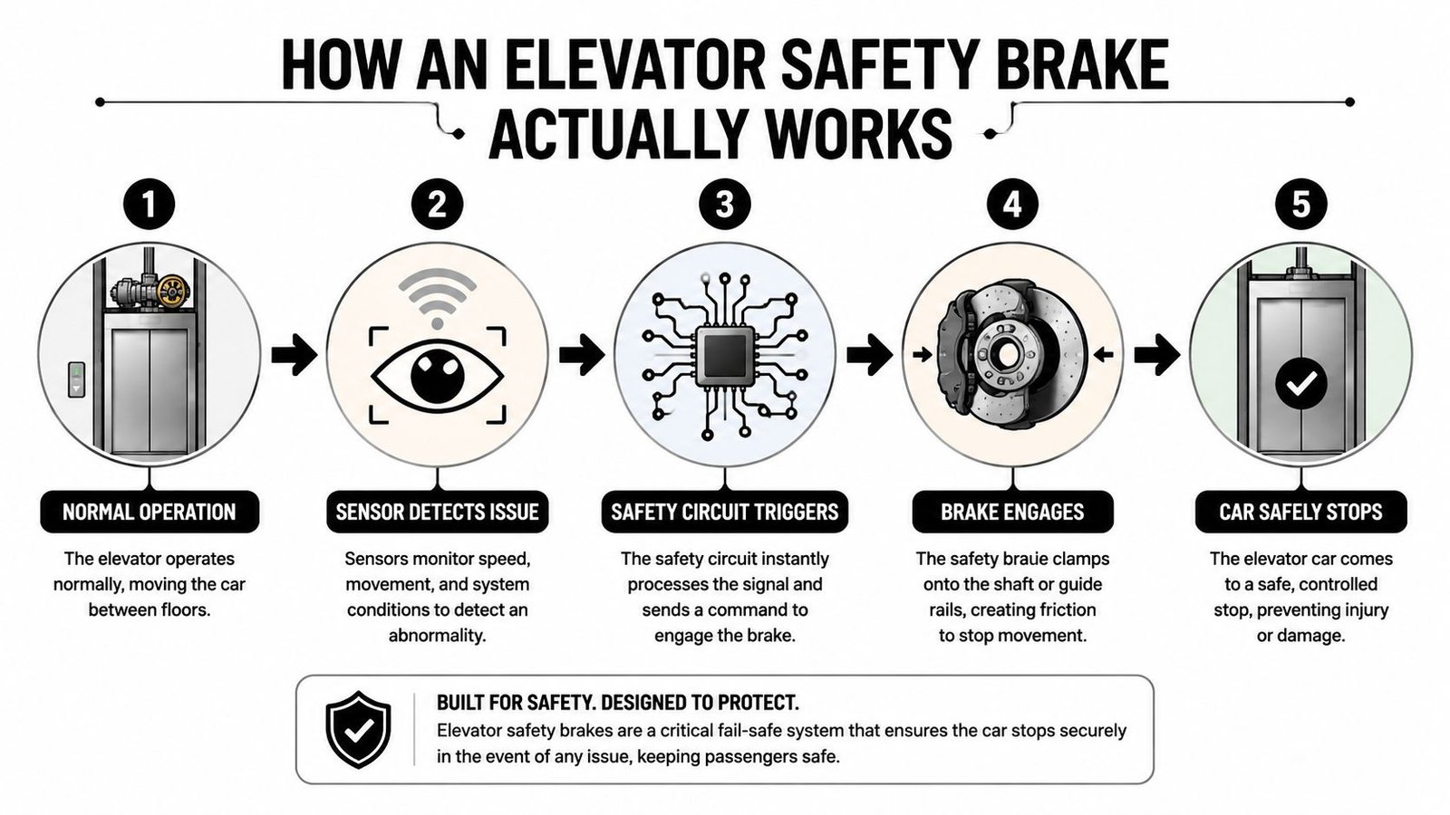 A diagram illustrating the five-step process of how an elevator safety brake functions during an emergency.