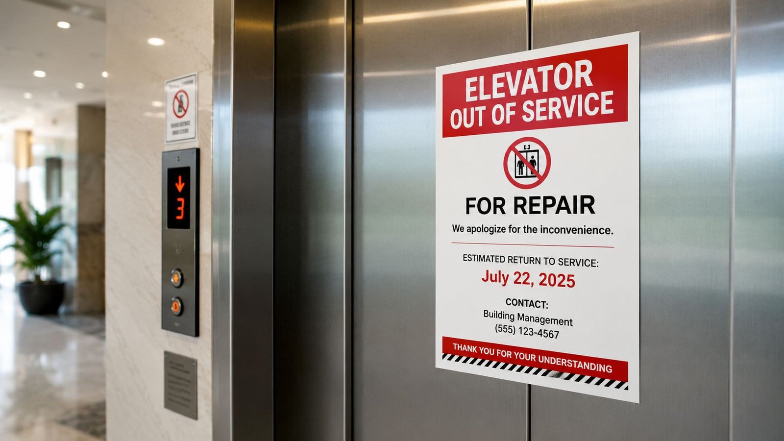 A red and white out of service sign posted on a modern stainless steel elevator door.