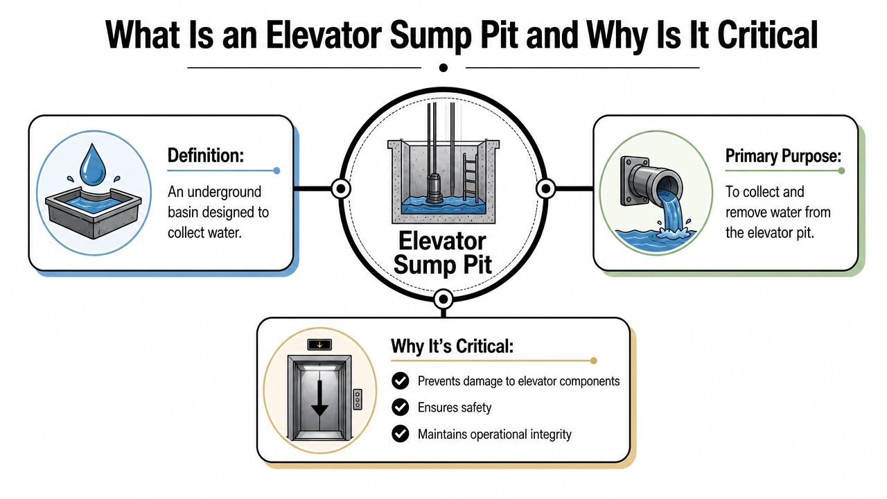 An infographic titled What Is an Elevator Sump Pit explaining its definition, purpose, and importance for safety.