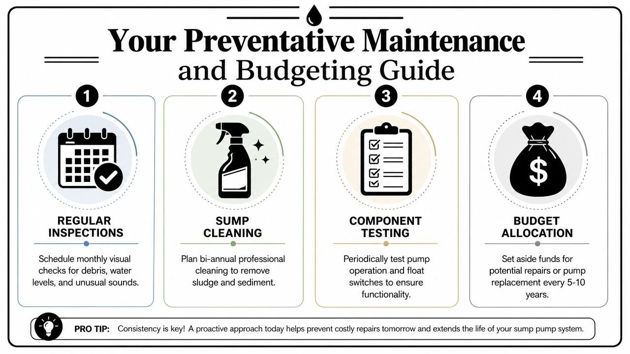 An infographic titled Your Preventative Maintenance and Budgeting Guide for maintaining a sump pump system.