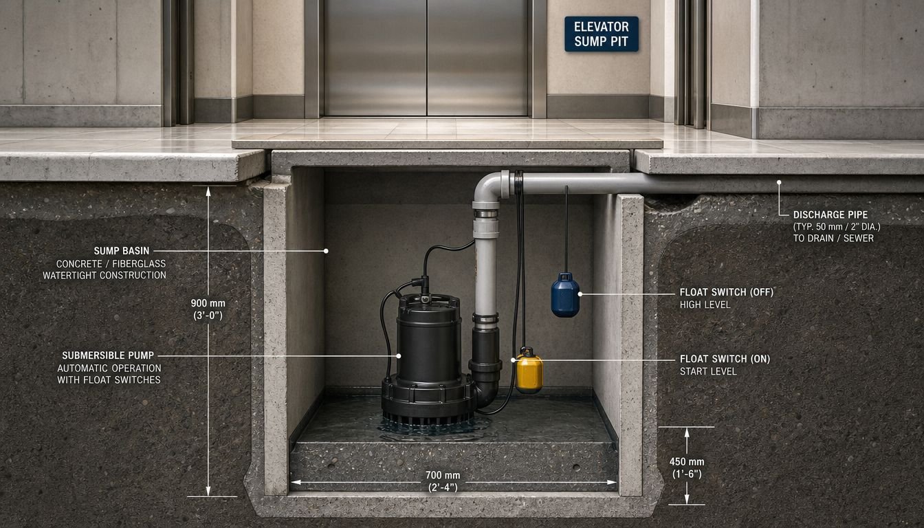 A cutaway view diagram showing an elevator sump pit with a submersible pump and float switches.