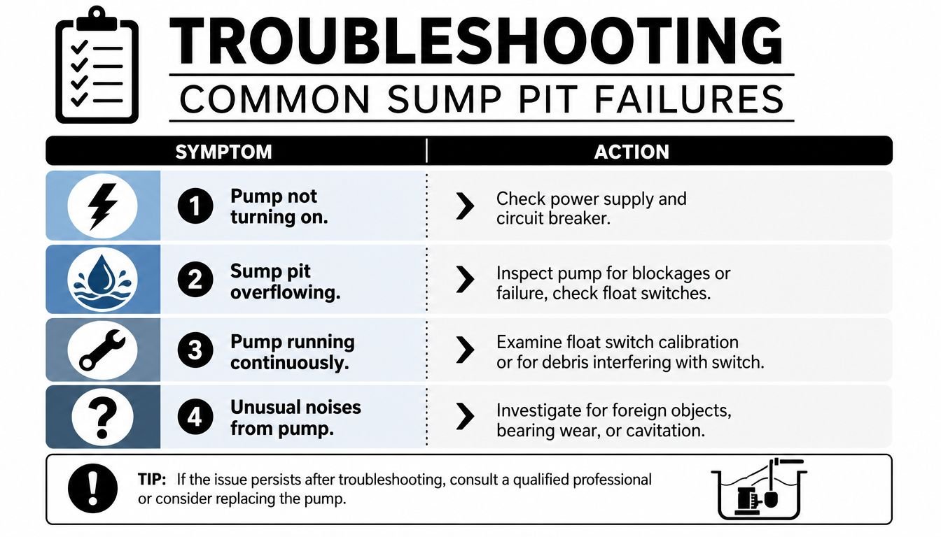 A troubleshooting guide for common sump pit failures, listing symptoms and suggested repair actions for pump problems.