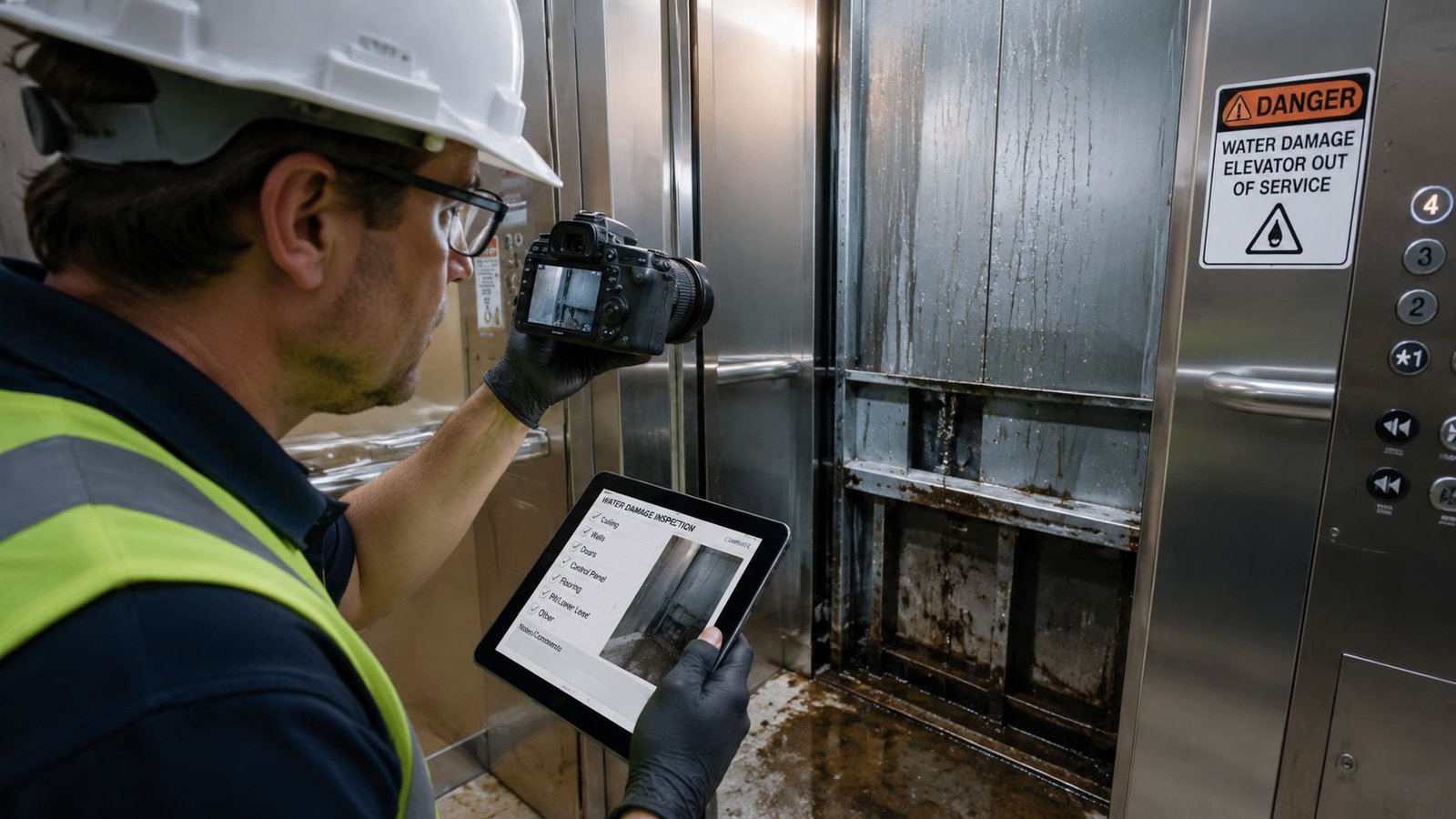 A professional inspector in protective gear examining water damage inside a broken elevator with camera and tablet.