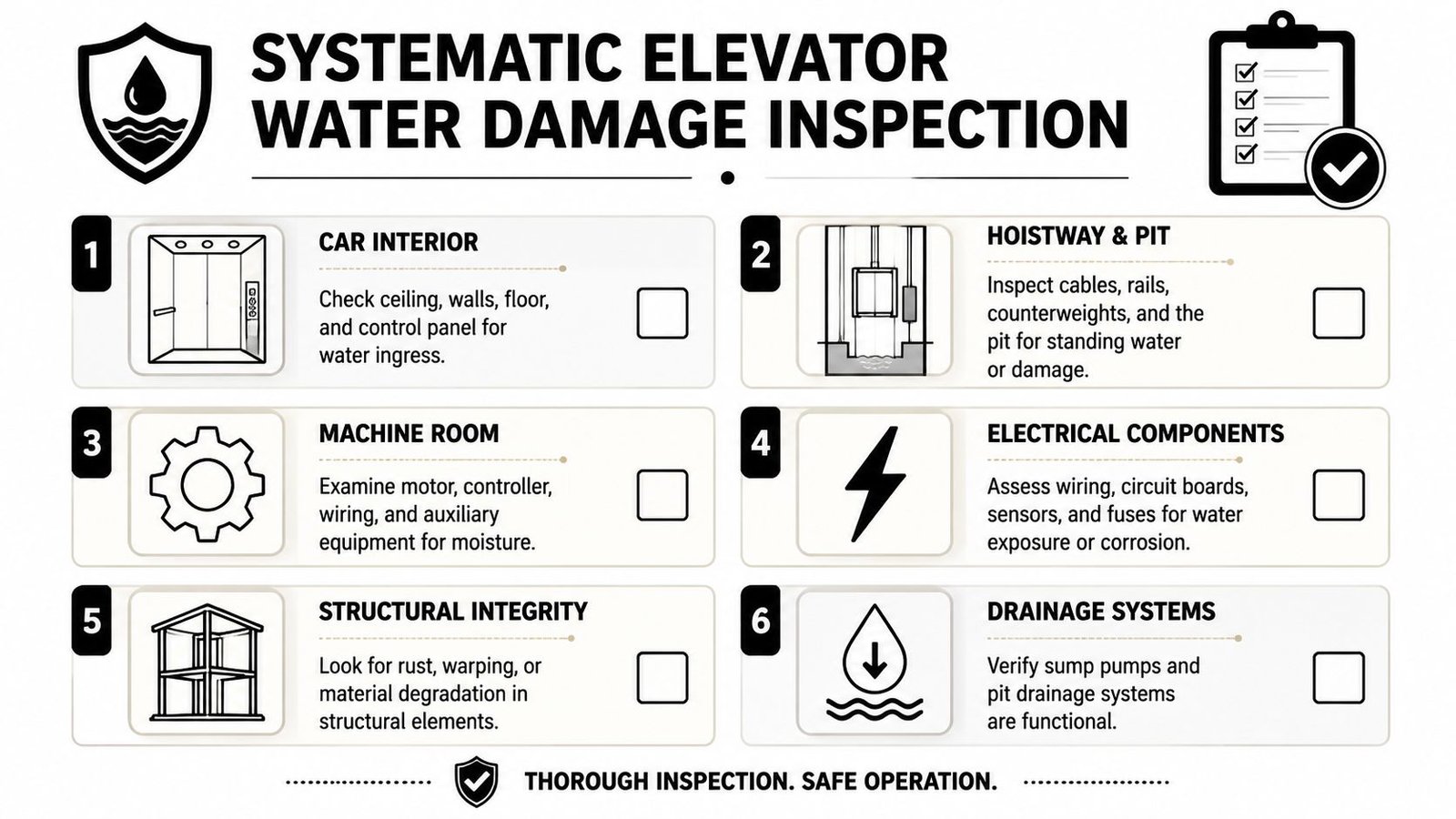 A systematic inspection checklist for identifying and addressing elevator water damage, shown in an infographic format.