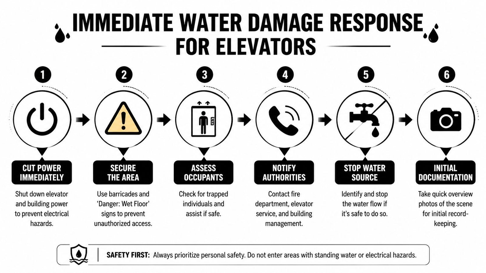 A six-step infographic detailing the immediate response procedures for elevator water damage, prioritizing safety and utility disconnection.