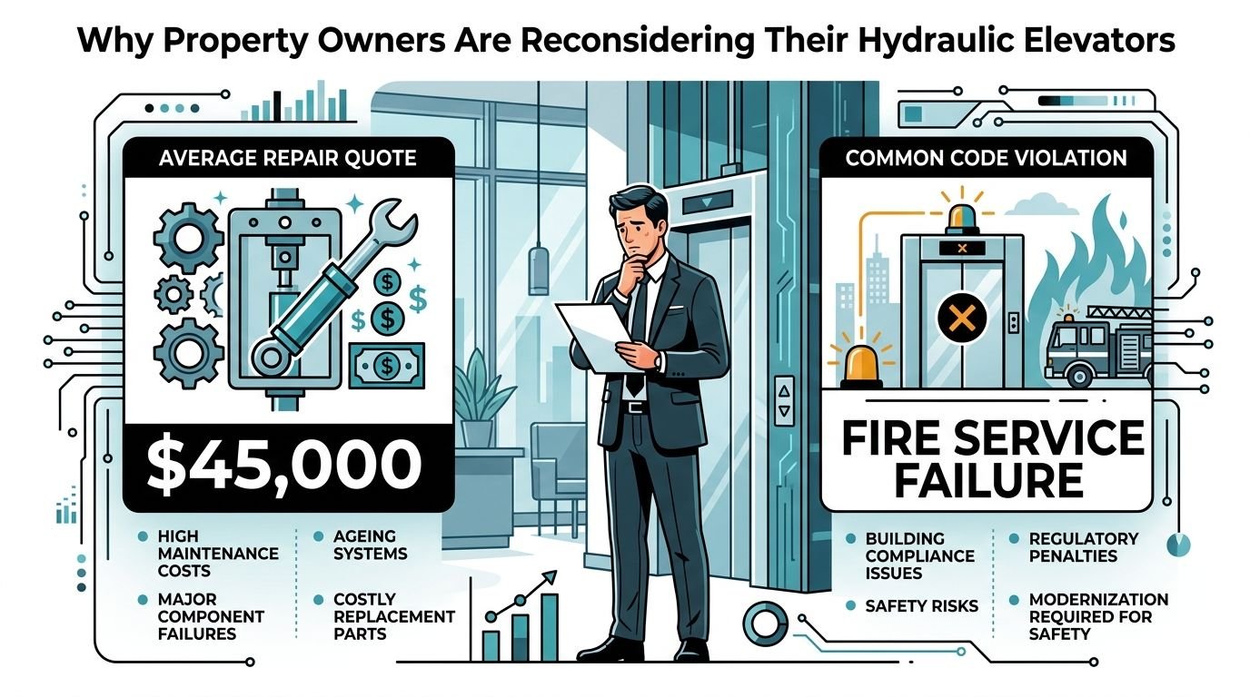 A professional examining a document regarding hydraulic elevator repair costs and fire service code violations in a building.