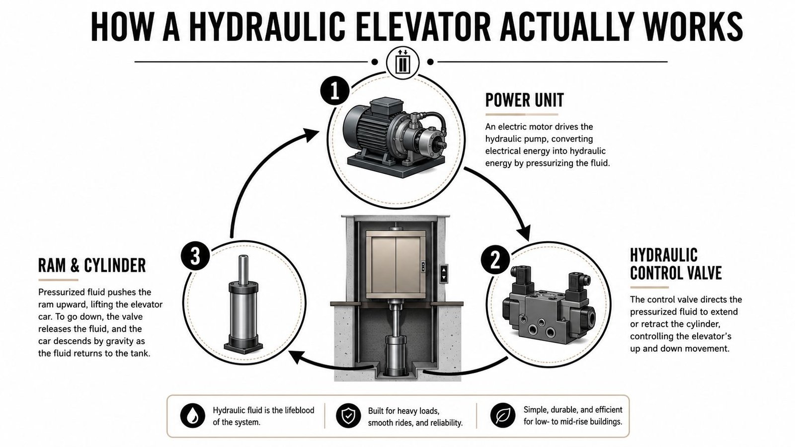 A diagram illustrating the three main components of a hydraulic elevator system and how they function together.