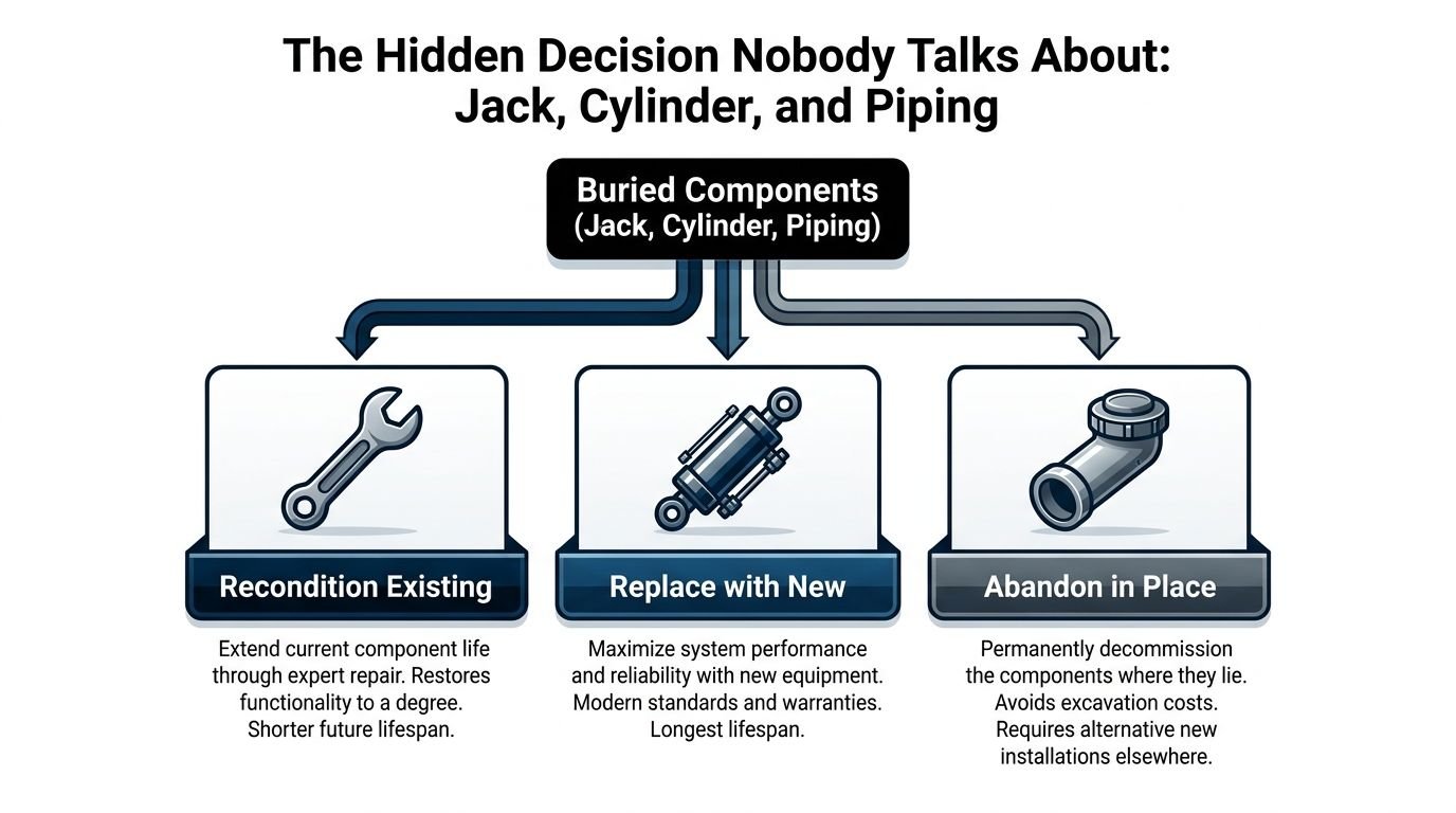 A flowchart comparing three strategic options for managing buried hydraulic elevator components: reconditioning, replacing, or abandoning them.