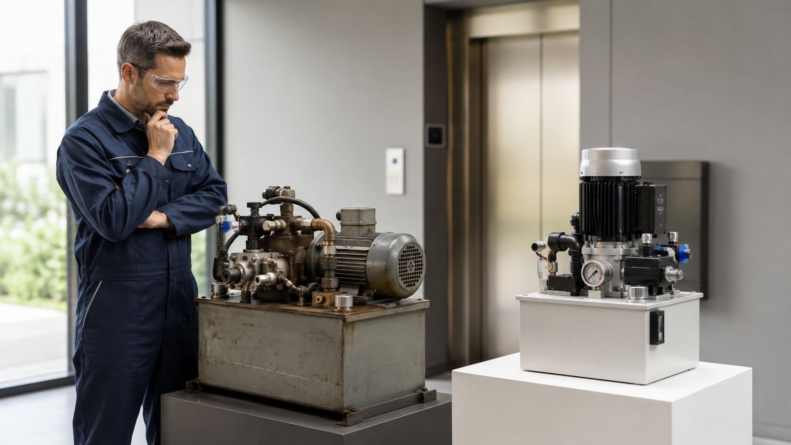 A technician inspecting an old hydraulic elevator pump next to a brand new replacement unit.