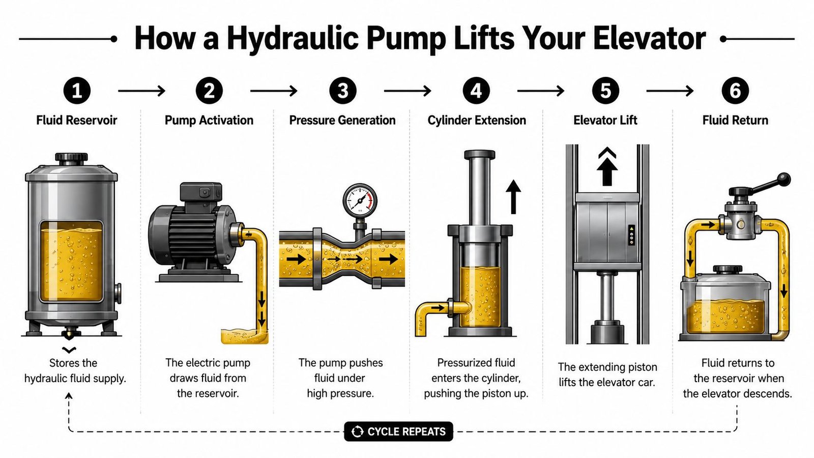 A six-step infographic illustrating the mechanical process of how a hydraulic pump operates a building elevator system.