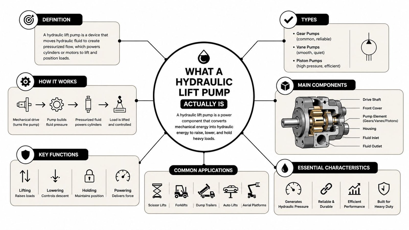 A detailed infographic explaining the definition, components, types, and applications of a hydraulic lift pump system.