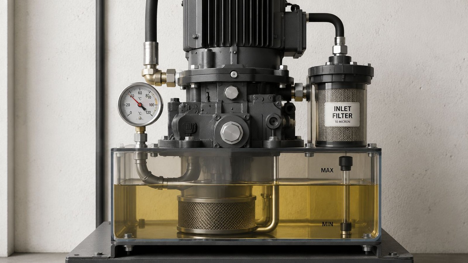 A close-up view of a hydraulic lift pump system with a clear reservoir, oil, and inlet filter.