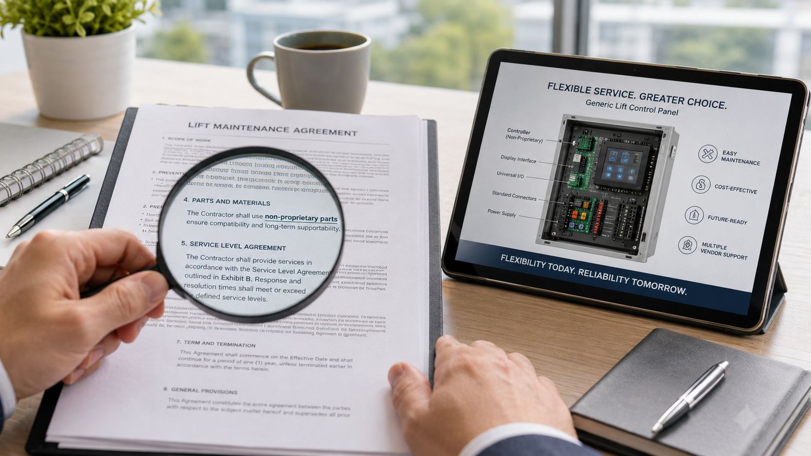 A person reviews a lift maintenance agreement with a magnifying glass beside a tablet showing control panel details.