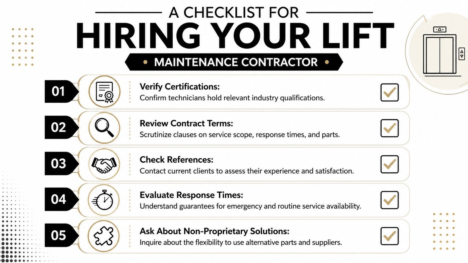 A five-step checklist for hiring a professional lift maintenance contractor to ensure safety and service quality.