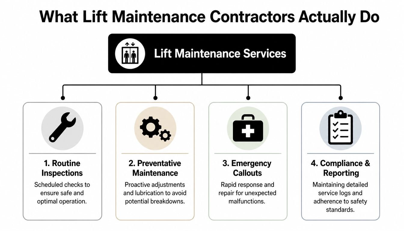 An infographic showing four core responsibilities of lift maintenance contractors including inspections, preventative maintenance, emergency callouts, and reporting.