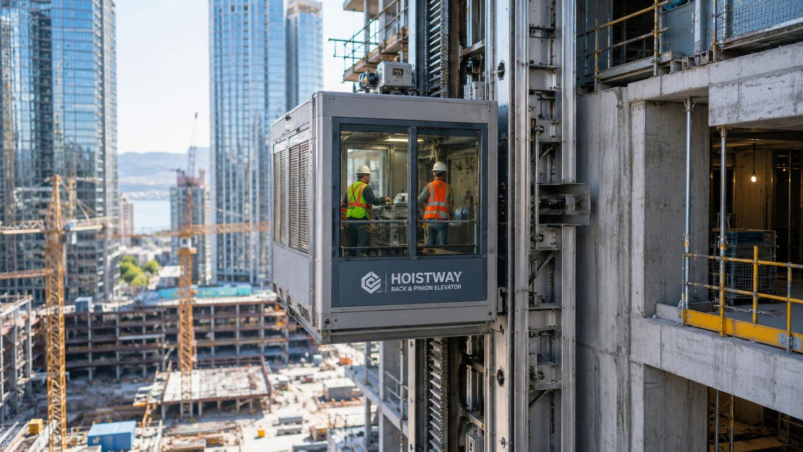 Two construction workers inside a rack and pinion elevator moving up the side of a building.