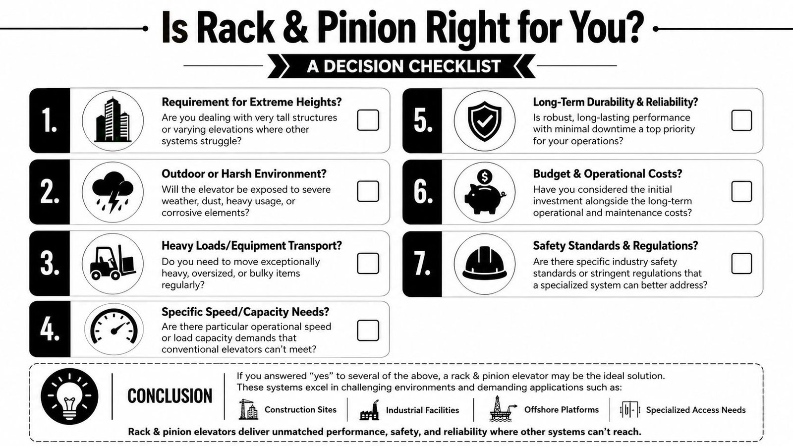 A lightbulb icon concept for a conclusion about ideal rack and pinion elevator scenarios.