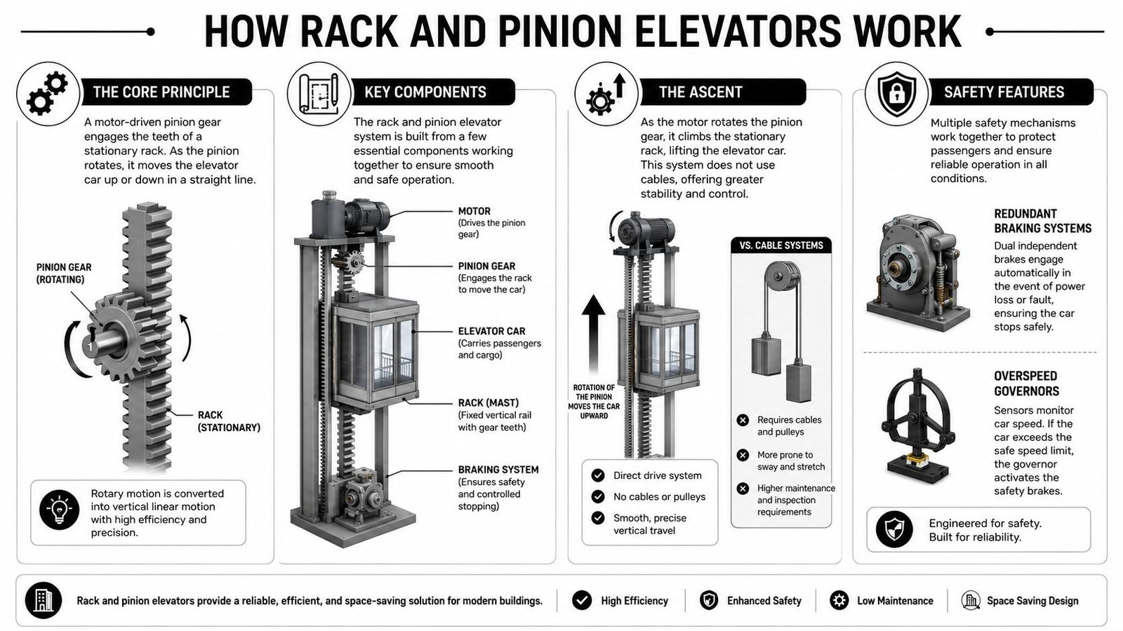 An infographic diagram explaining how rack and pinion elevator systems function with key components and safety features.
