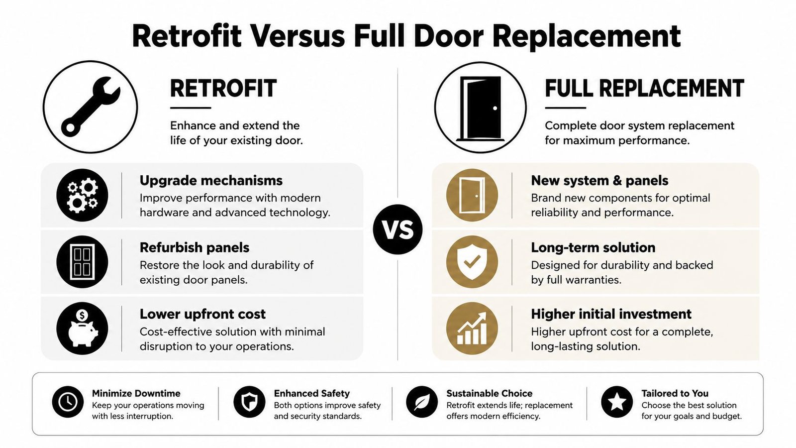 A comparison infographic between retrofit and full replacement options for industrial door maintenance and upgrades.