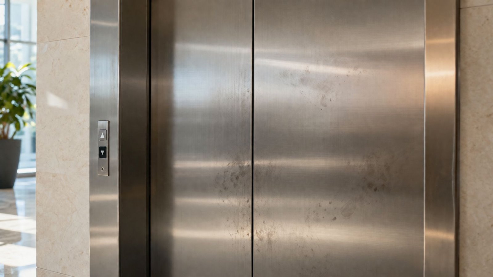 A close-up view of closed stainless steel elevator doors featuring an up and down button panel.