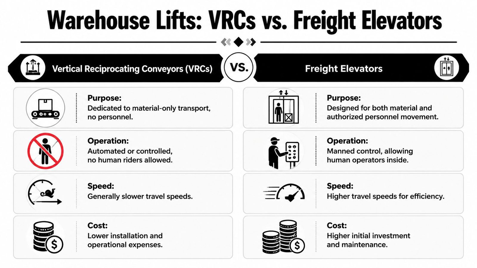A comparison chart outlining the differences between vertical reciprocating conveyors and freight elevators for industrial warehouses.