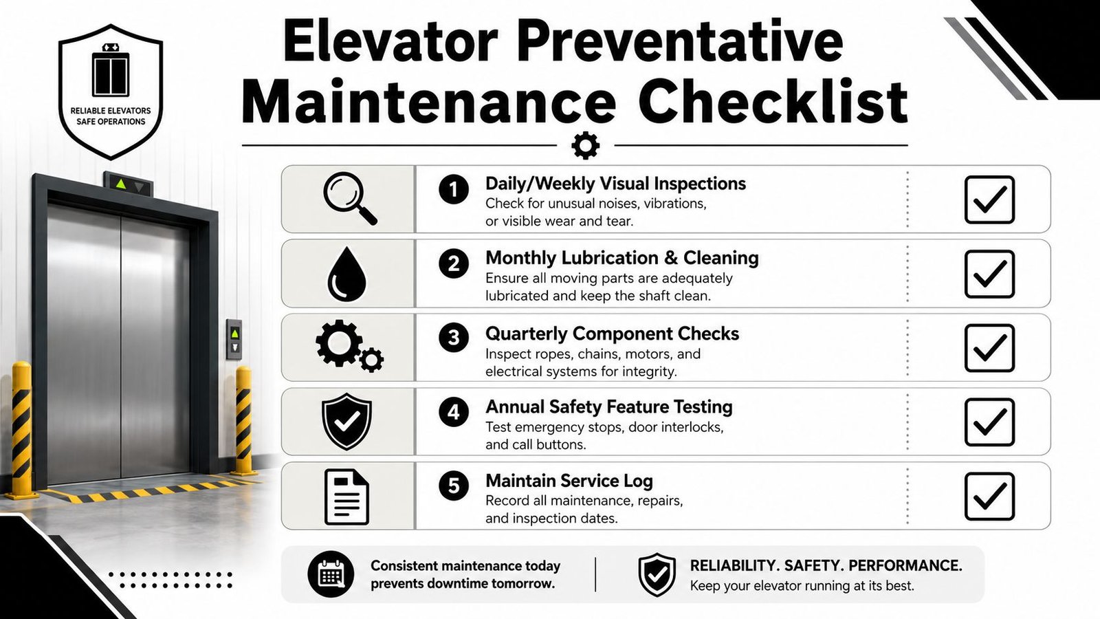 A professional elevator preventative maintenance checklist infographic outlining five key tasks for safety and reliability.