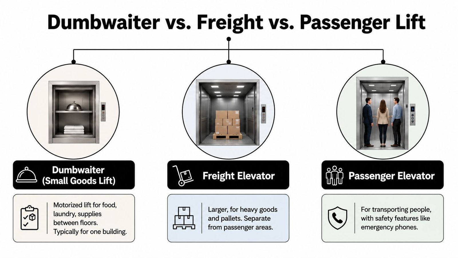 An infographic comparing a dumbwaiter, a freight elevator, and a passenger elevator with their specific use cases.