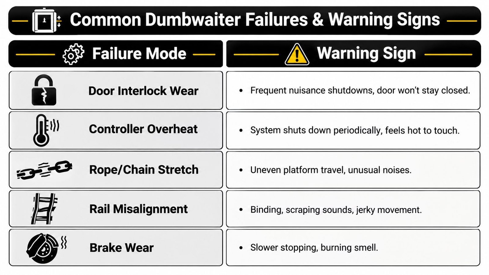 A chart detailing common dumbwaiter failure modes, such as mechanical wear and overheating, and their corresponding warning signs.