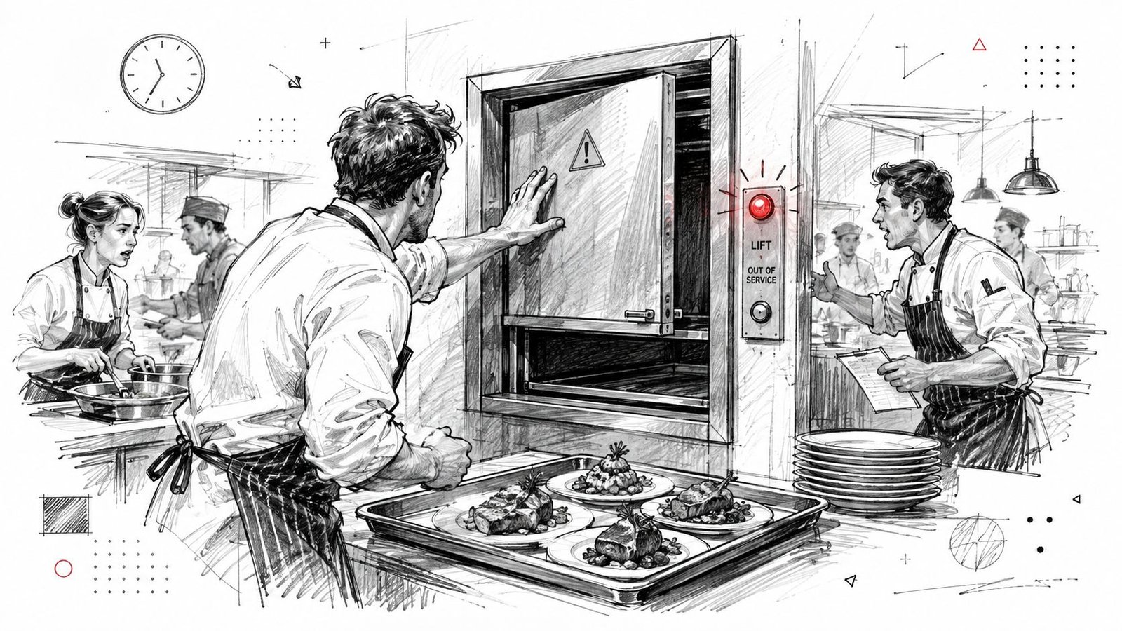 Stressed chefs in a busy commercial kitchen kitchen standing beside a broken-down dumbwaiter elevator lift.
