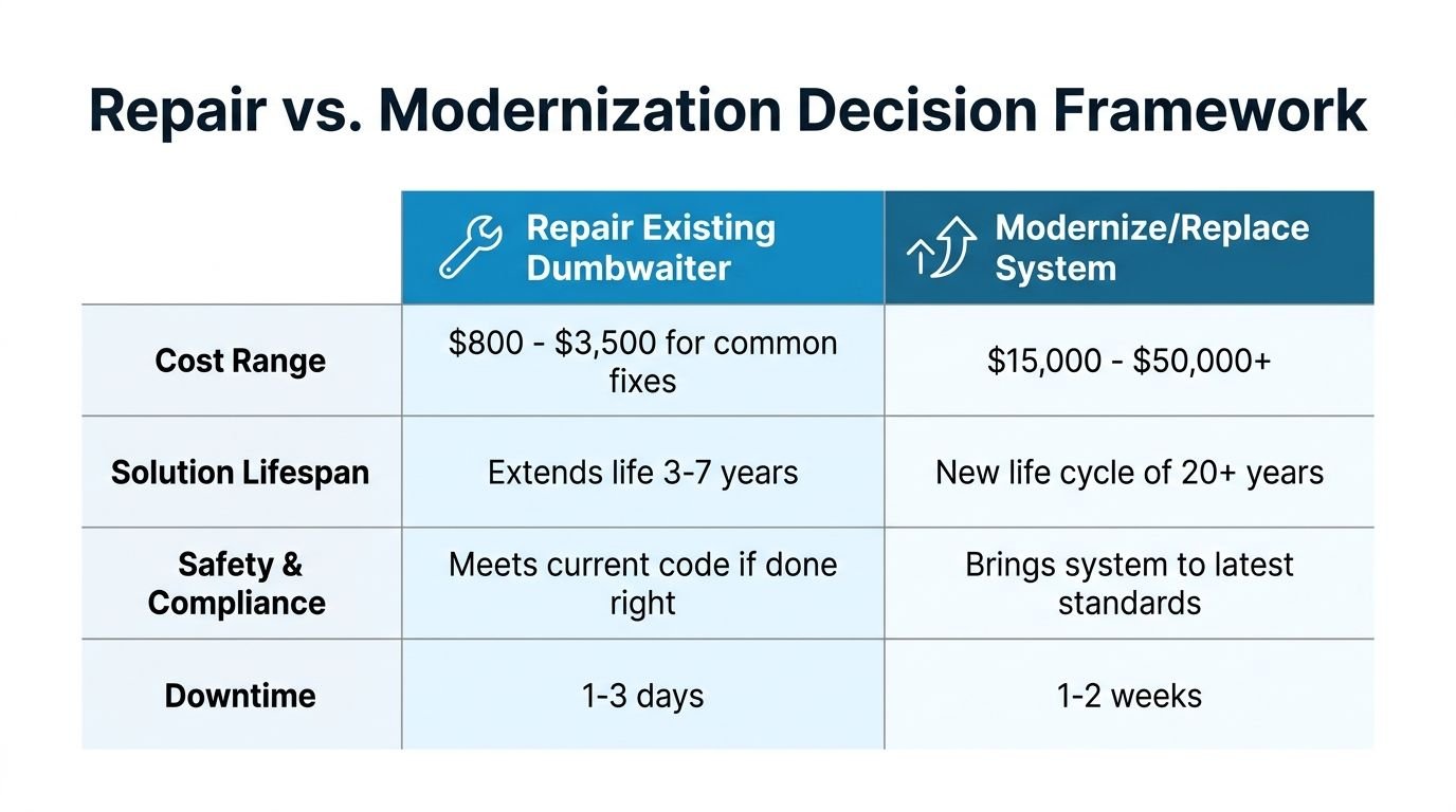 A comparison table outlining the key differences between repairing versus modernizing a commercial dumbwaiter system.