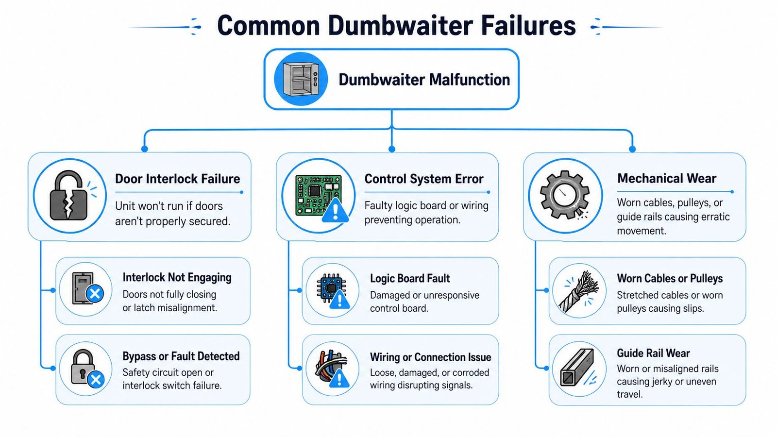 A flowchart diagram illustrating three categories of common dumbwaiter failures: door interlocks, control systems, and mechanical wear.