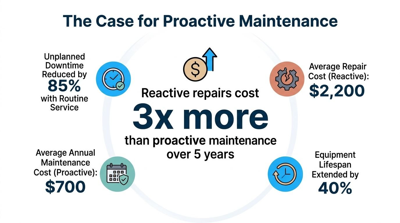 An infographic showing that proactive maintenance reduces costs and downtime while extending equipment lifespan by 40%.