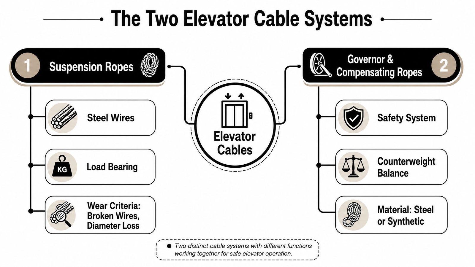 An infographic showing the two distinct cable systems used in elevators for safety and operation.