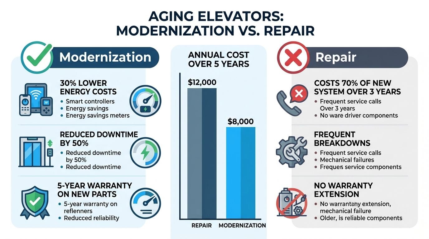 A comparative infographic showing the financial and operational benefits of elevator modernization over ongoing repairs for aging systems.