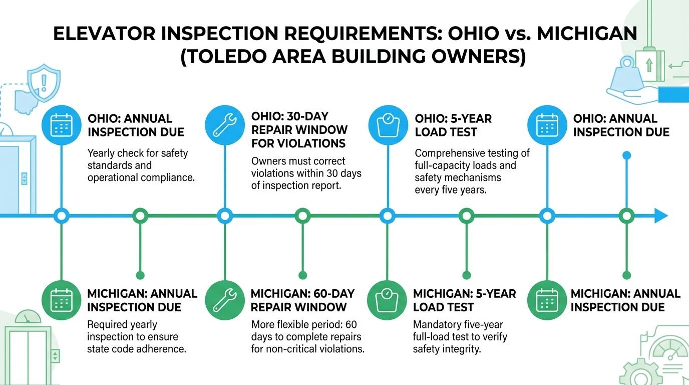 A comparison chart outlining elevator inspection and repair requirements for building owners in Ohio and Michigan.