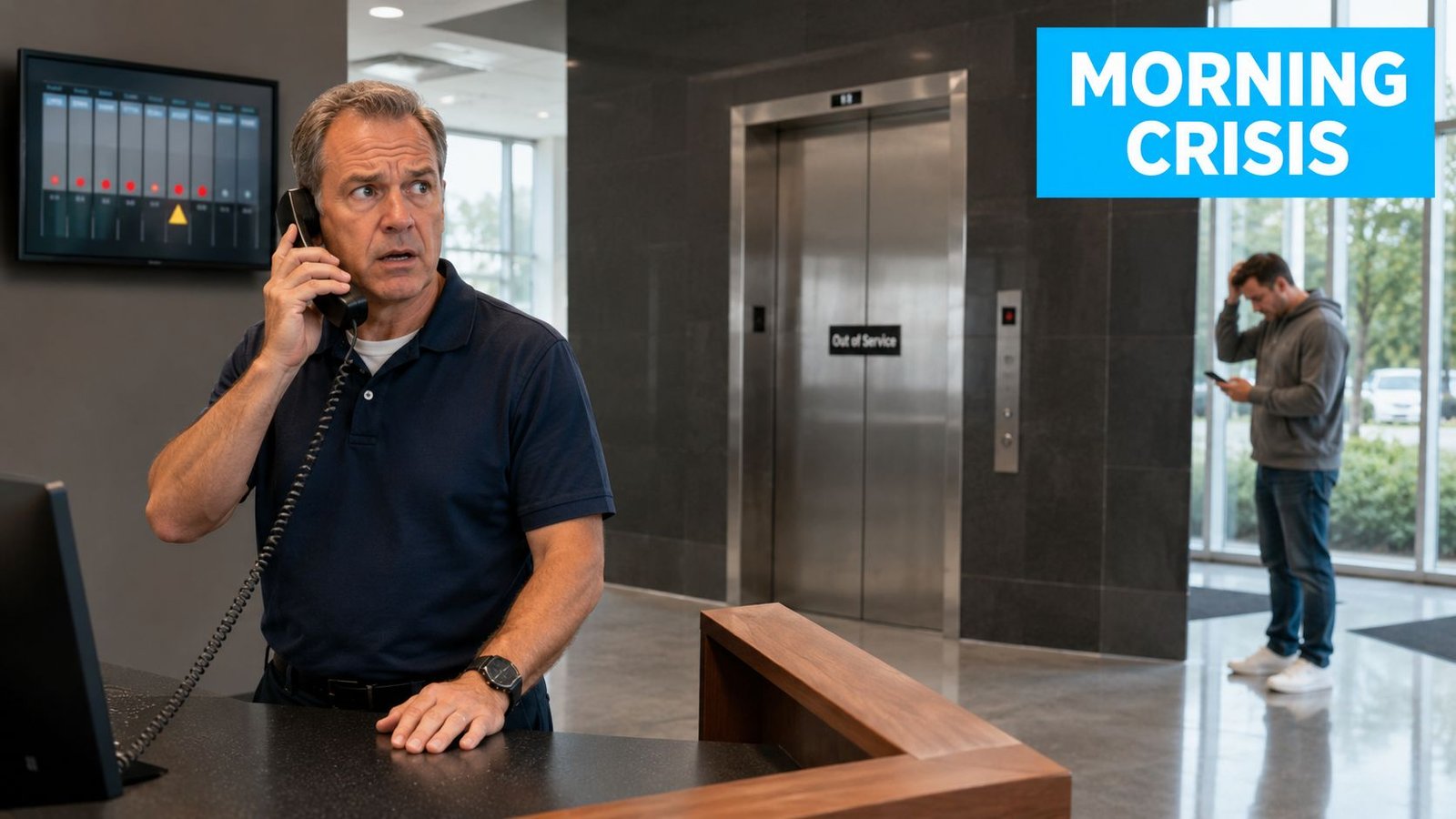 A concerned office worker on the phone at a front desk while an elevator is out of service.