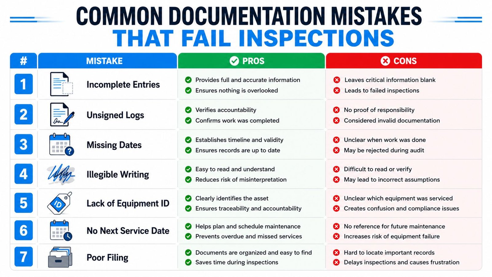 A chart illustrating seven common documentation mistakes that lead to failed facility and maintenance inspections.
