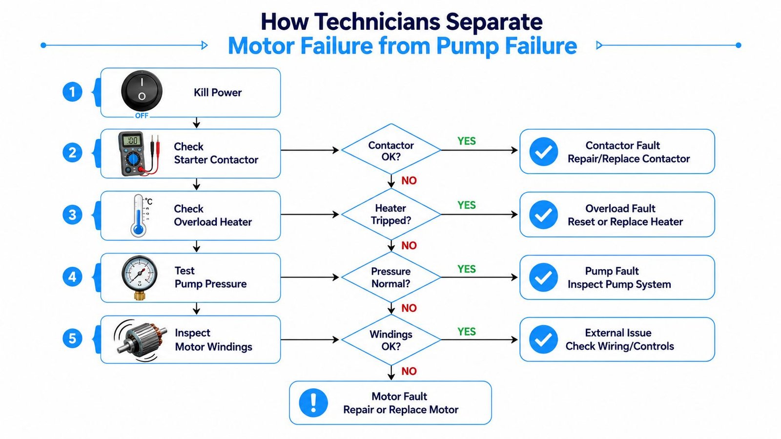 A diagnostic flowchart showing how technicians identify and distinguish between motor failure and pump system issues.