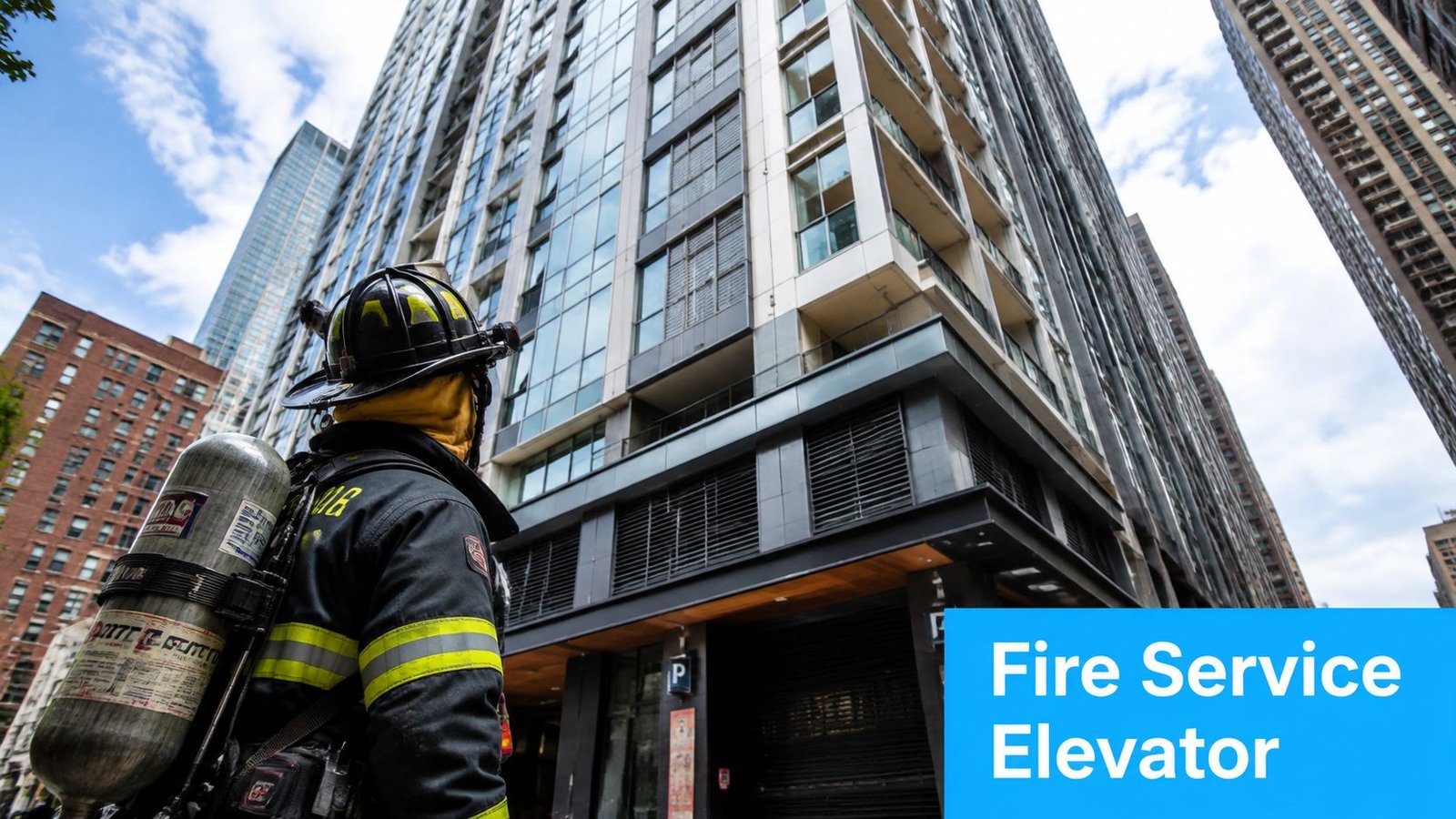 A firefighter in gear stands before a modern high-rise building, contemplating fire service elevator operational procedures.