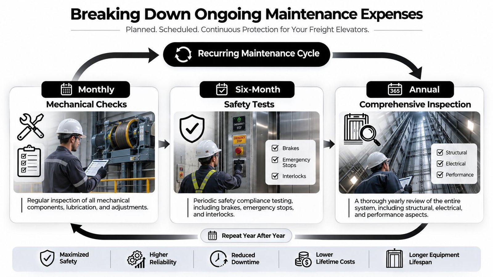 A diagram illustrating a recurring freight elevator maintenance cycle, including monthly, six-month, and annual inspection procedures.