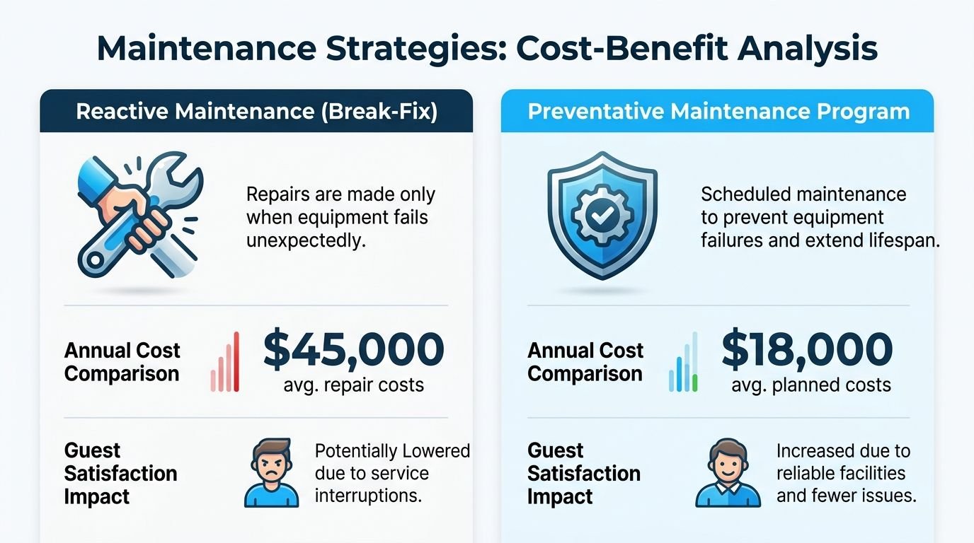 A comparison chart showing the cost-benefit analysis between reactive maintenance and a preventative maintenance program for hotels.