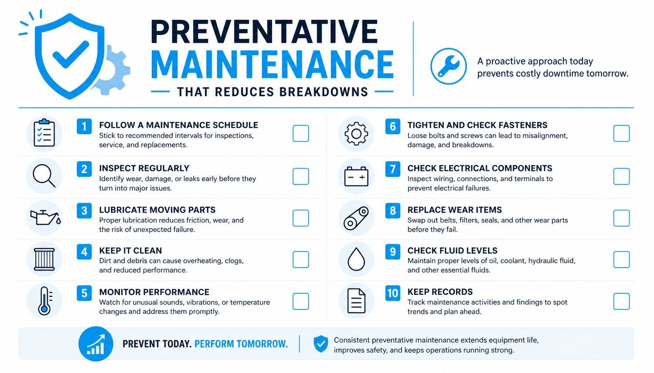 A checklist infographic titled Preventative Maintenance explaining ten essential steps to reduce equipment breakdowns and maintenance costs.