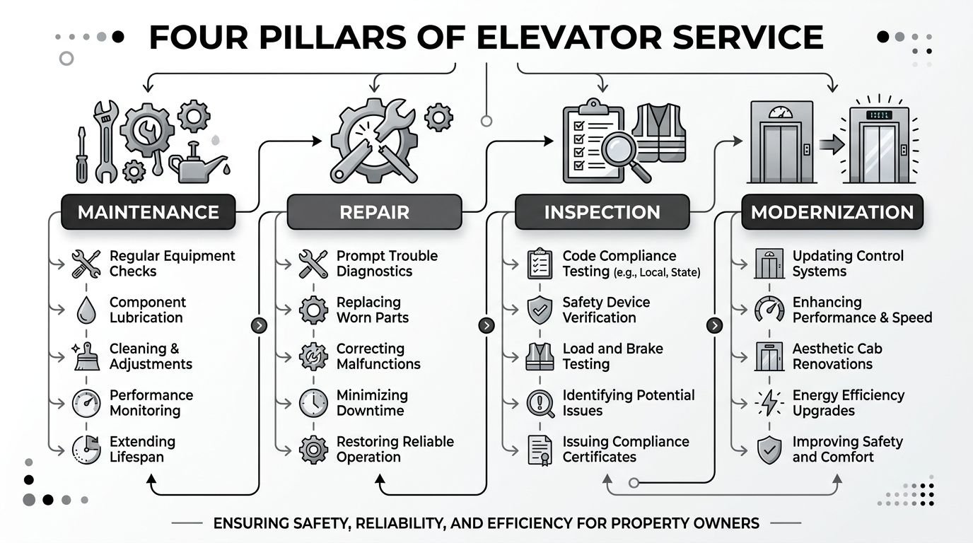 A diagram illustrating the four essential pillars of professional elevator services: maintenance, repair, inspection, and modernization.