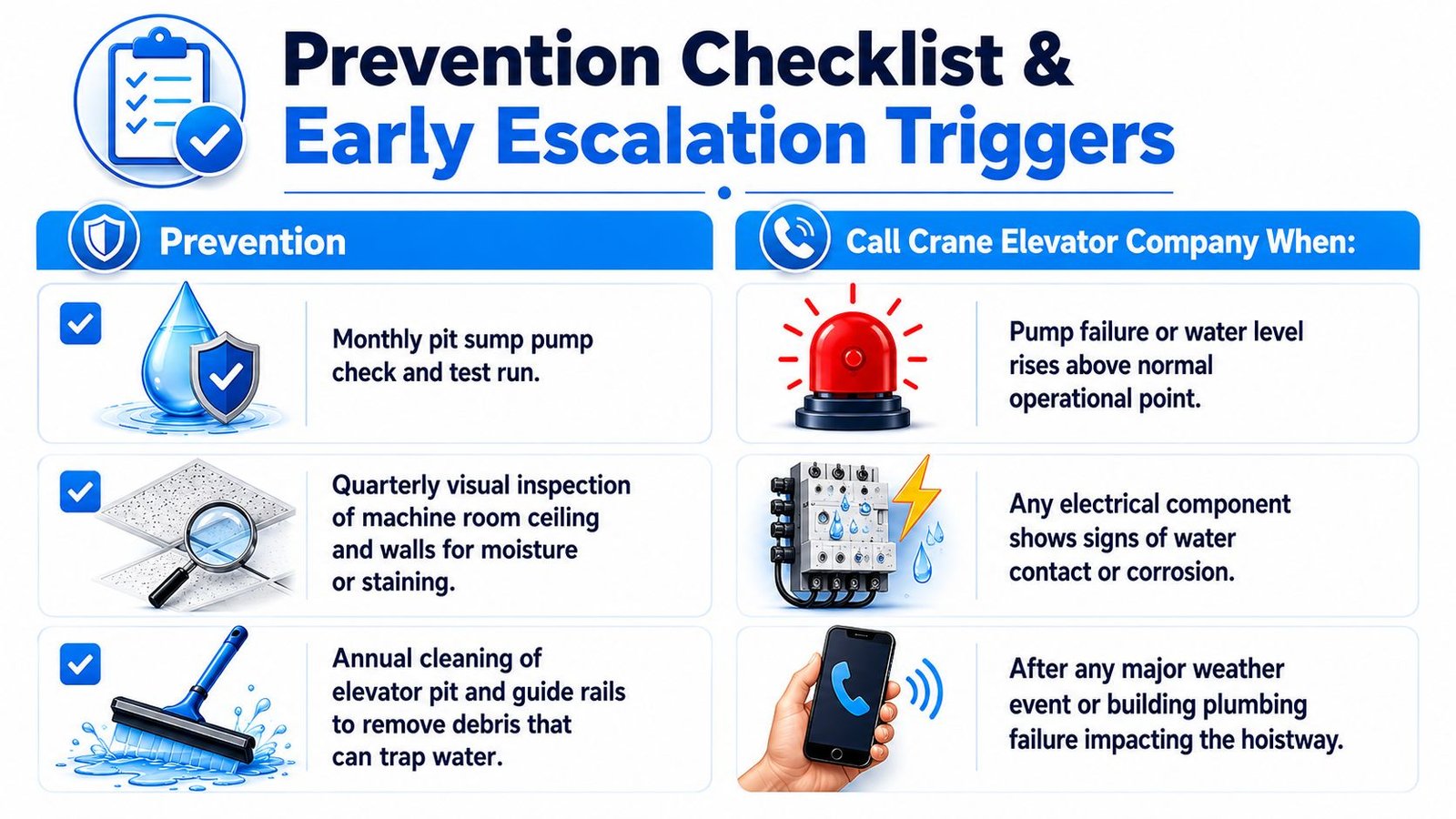 A prevention checklist for elevator water damage with triggers for calling the Crane Elevator Company for assistance.