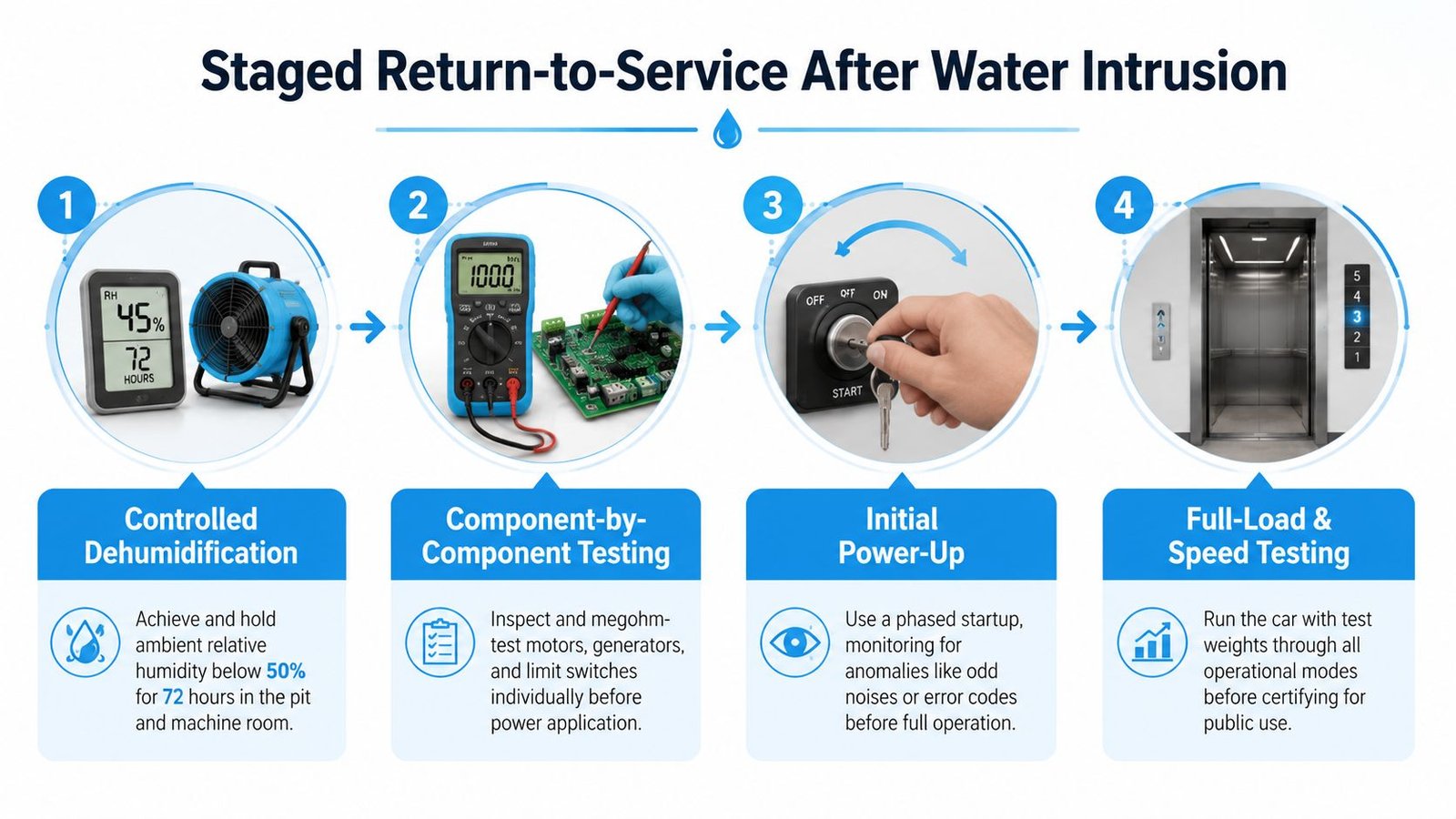 A four-step infographic illustrating the staged process for returning an elevator to service after water damage occurs.