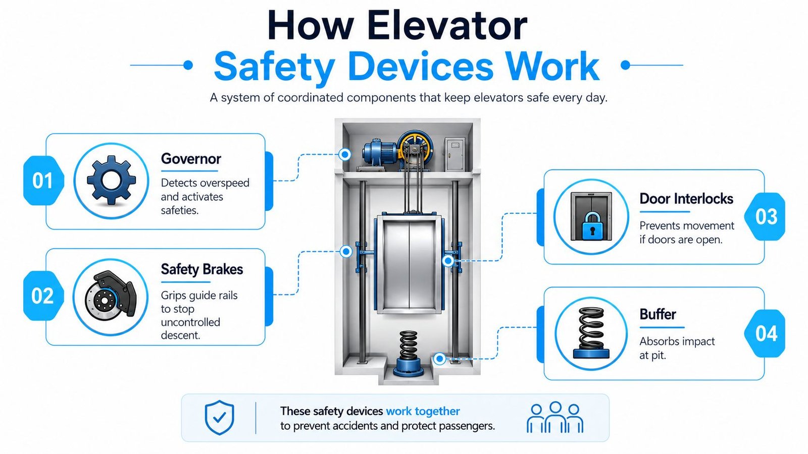 An educational infographic illustrating the four essential safety devices in an elevator system and how they function.