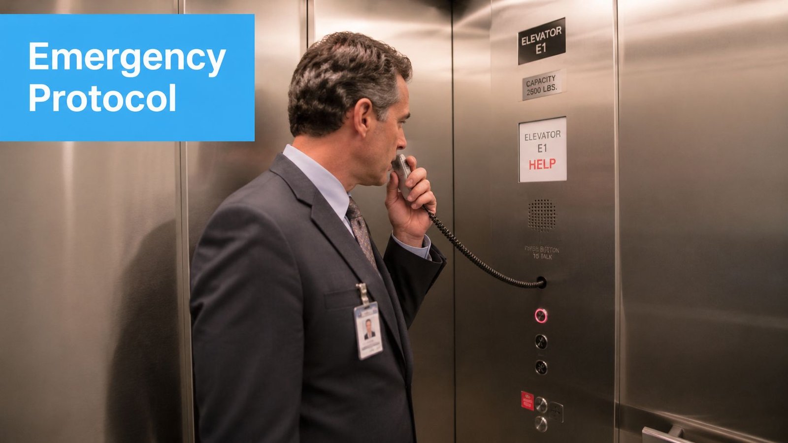 A man in a suit stands inside an elevator using an emergency communication phone.