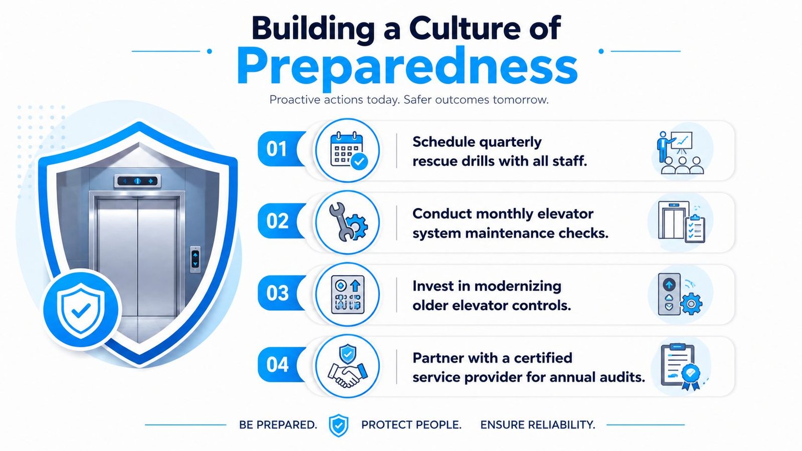 An infographic detailing four proactive steps to building a culture of elevator safety and preparedness.